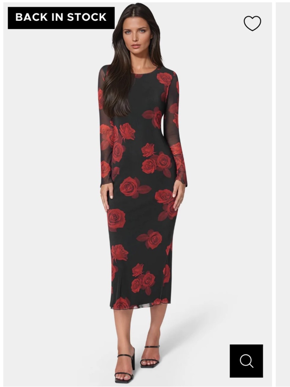 New Bebe Sheer Long-Sleeve Black Dress with Red Rose Print